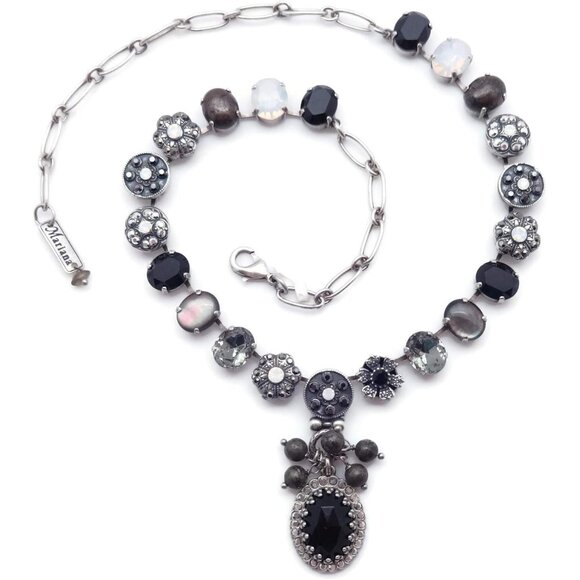 Flux Necklace – Mara Paris Mariana French Silk Silver Necklace in Oval Black Grey White Mix Mosaic M126 NWT